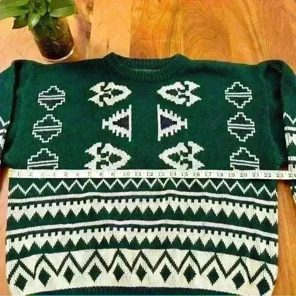 Vintage Bohemian Oversized Multicolored Green Pattern Crew Neck Sweater jumper - Picture 10 of 15
